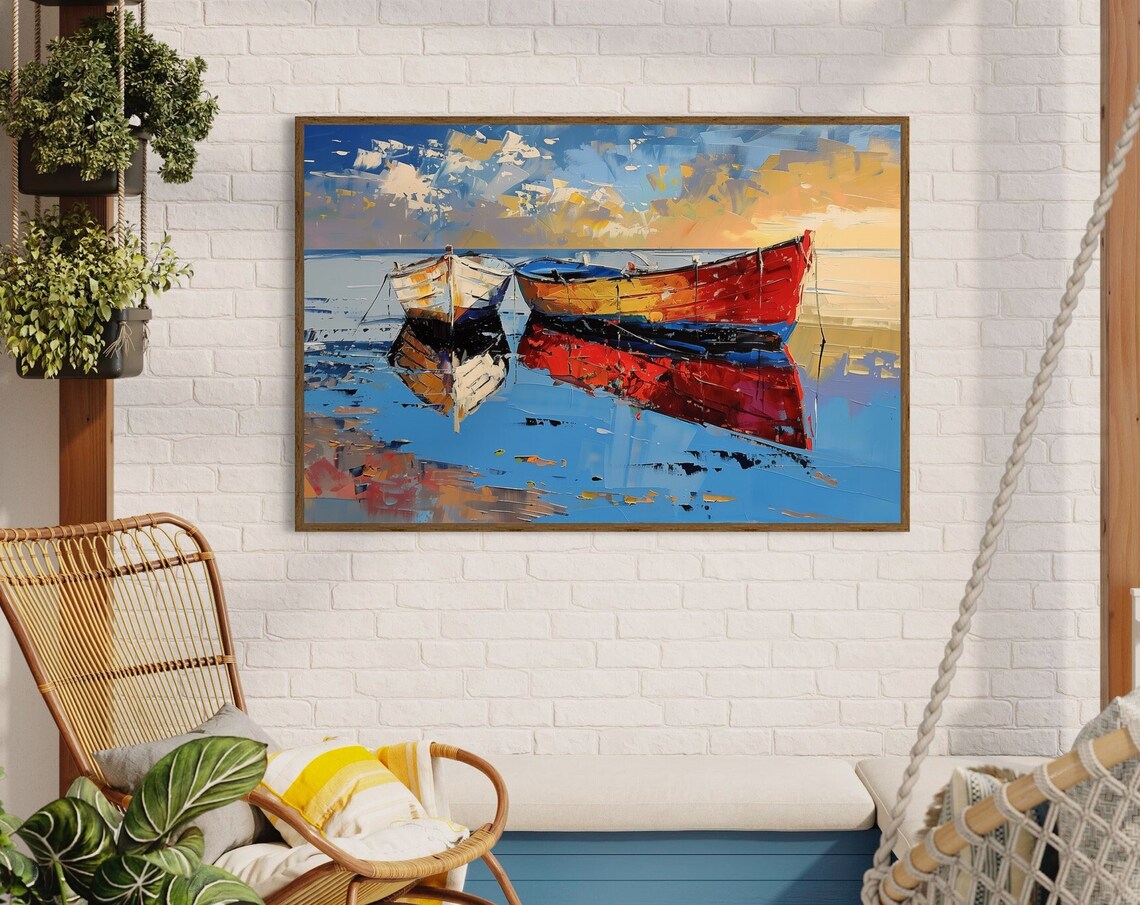 Sunset Fishing Boats Harbor Palette Knife Colorful Coastal Poster