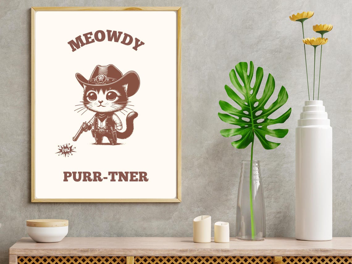 Meowdy Purrtner Cowboy Cat Western Funny Pun Cat Lover Poster