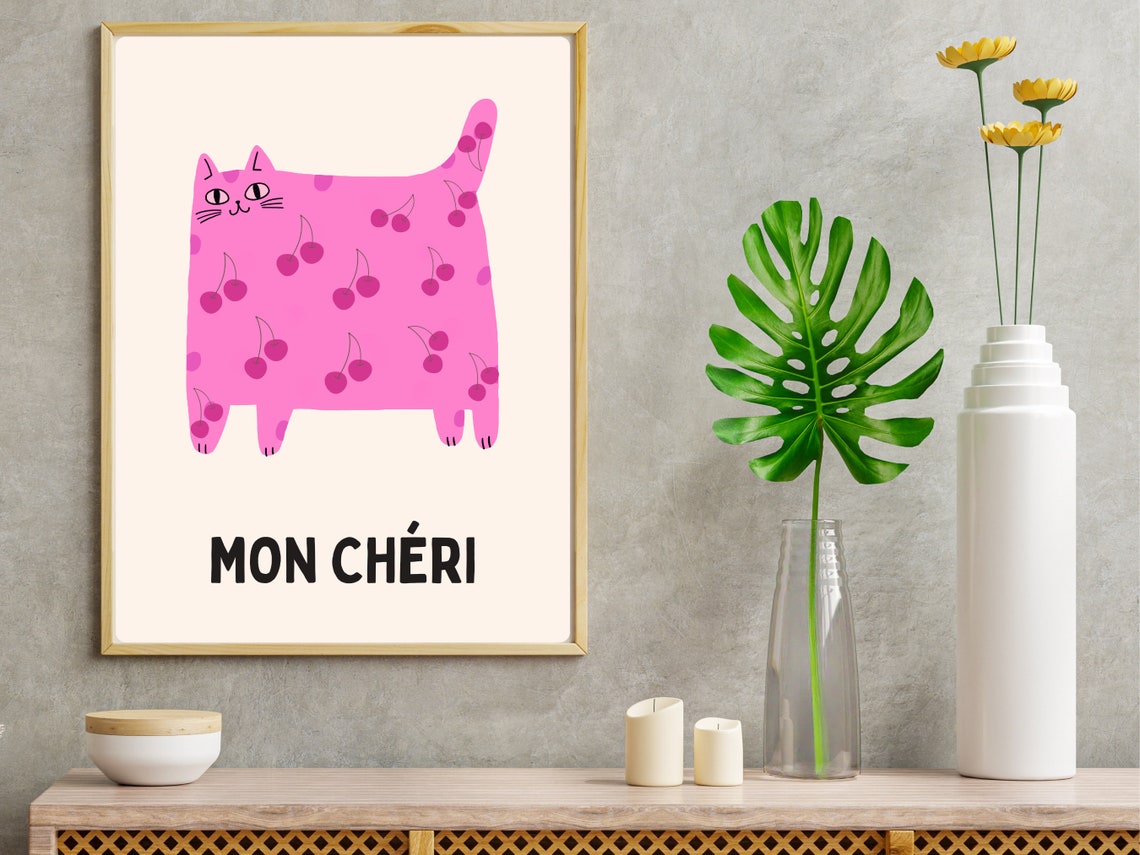 Mon Cheri Pink Chunky Cat Cherry Pattern French Kitty Poster - Image 3