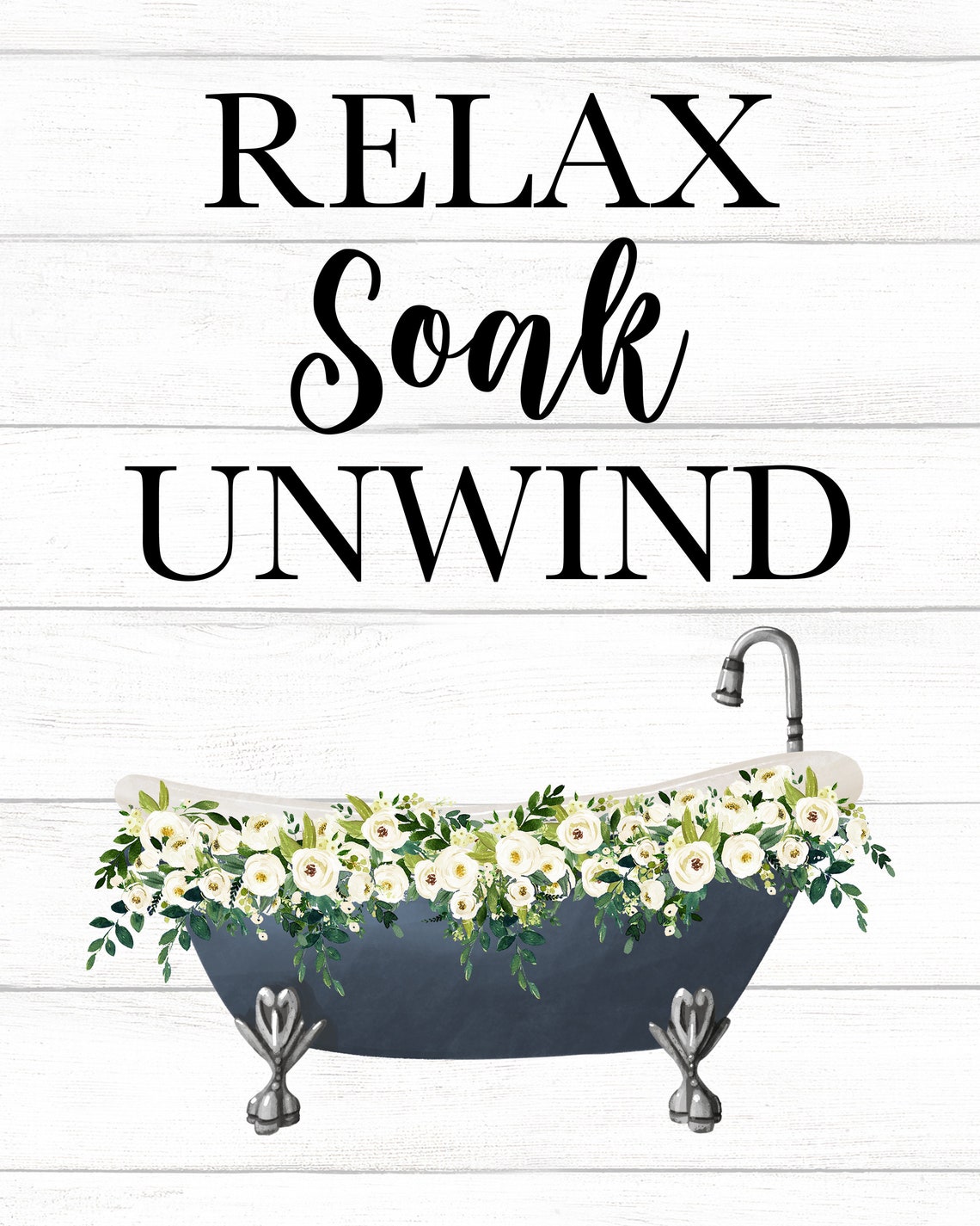 Navy Blue Clawfoot Bathtub With Flowers Relax Soak Unwind Poster - Image 2