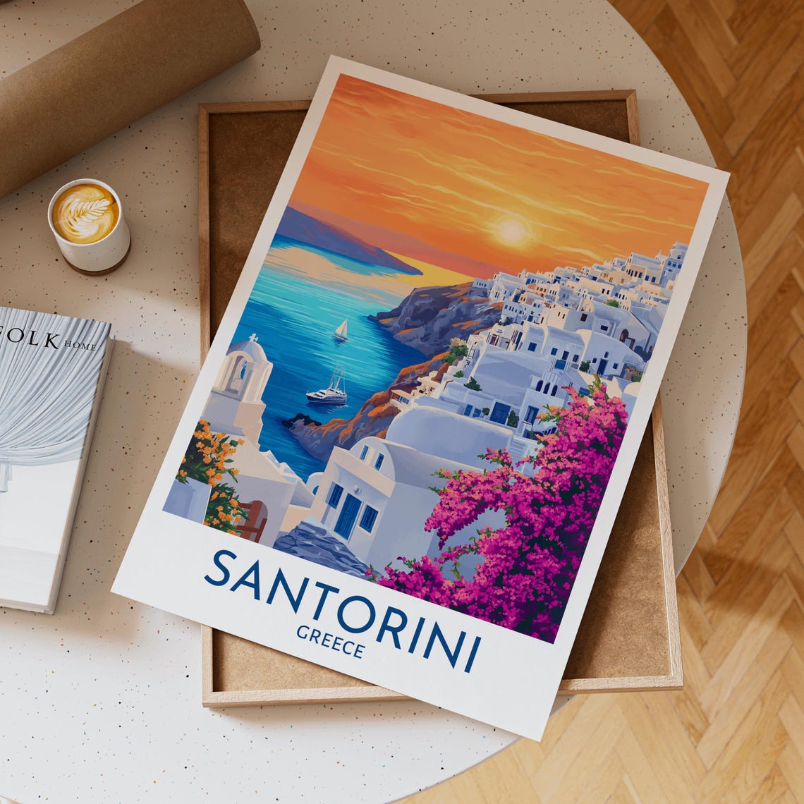 Santorini Greece Sunset Coastal Cliff Homes White Border Poster