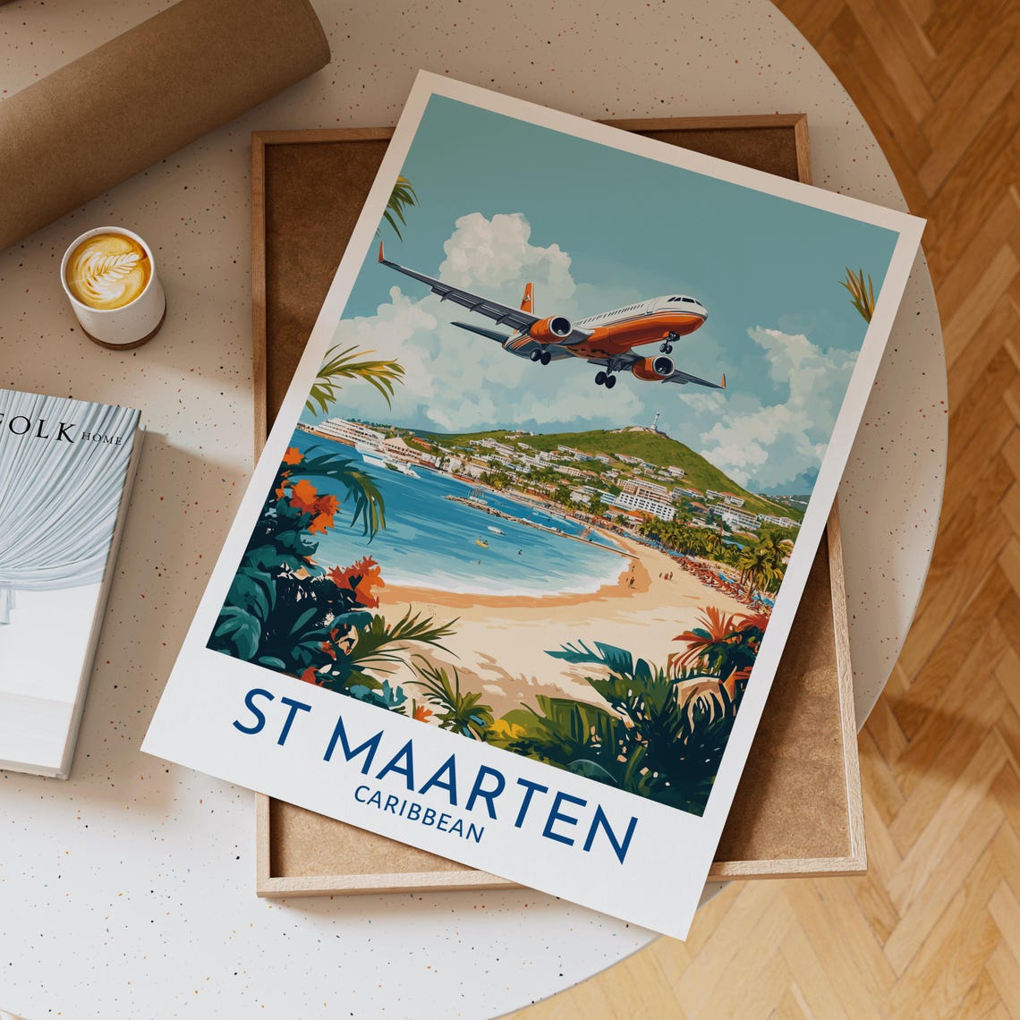 St Maarten Caribbean Travel Poster Landing Plane Beach Scene