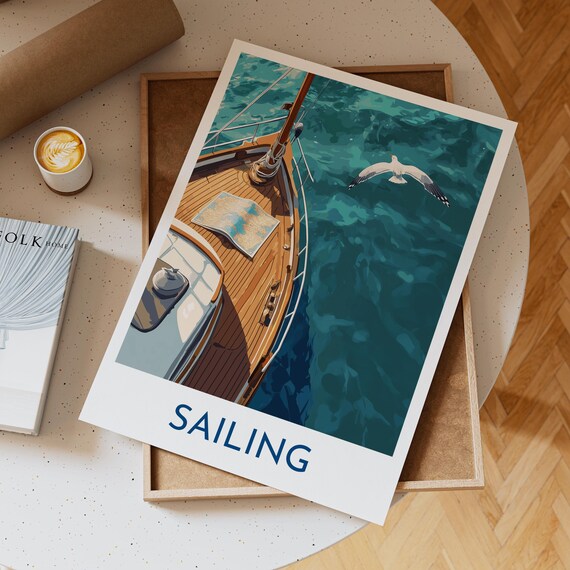 Sailing Wooden Decked Boat Aerial View Seagull Ocean Map Poster