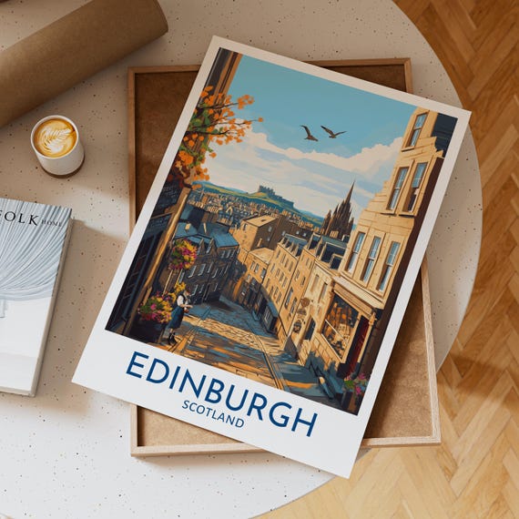 Edinburgh Scotland Art Print Old Town Street Scene With Castle View Bagpiper Gothic Spires Travel Poster For Vintage Home Decor Gift