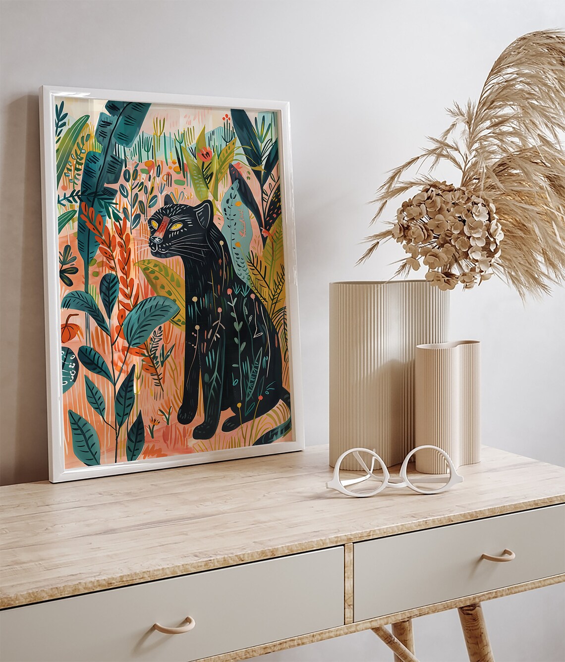 Black Panther Jungle Tropical Foliage Wildlife Painting Wall Art - Image 3