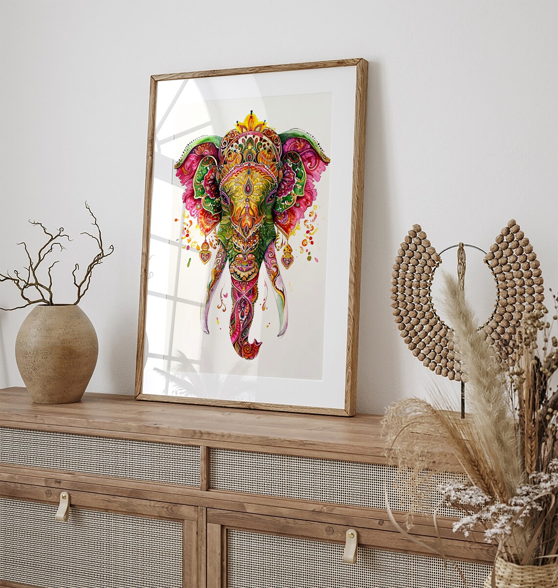 Pink and Green Mandala Watercolor Elephant Head Jewel Art Poster - Image 3
