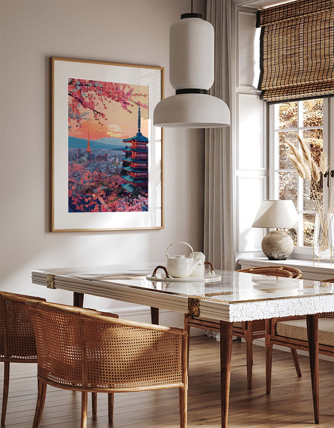 Japanese Cherry Blossom Travel Art Print Japanese Cityscape Poster Instant Pink Floral City Japan Wall Art Paintings - Image 2