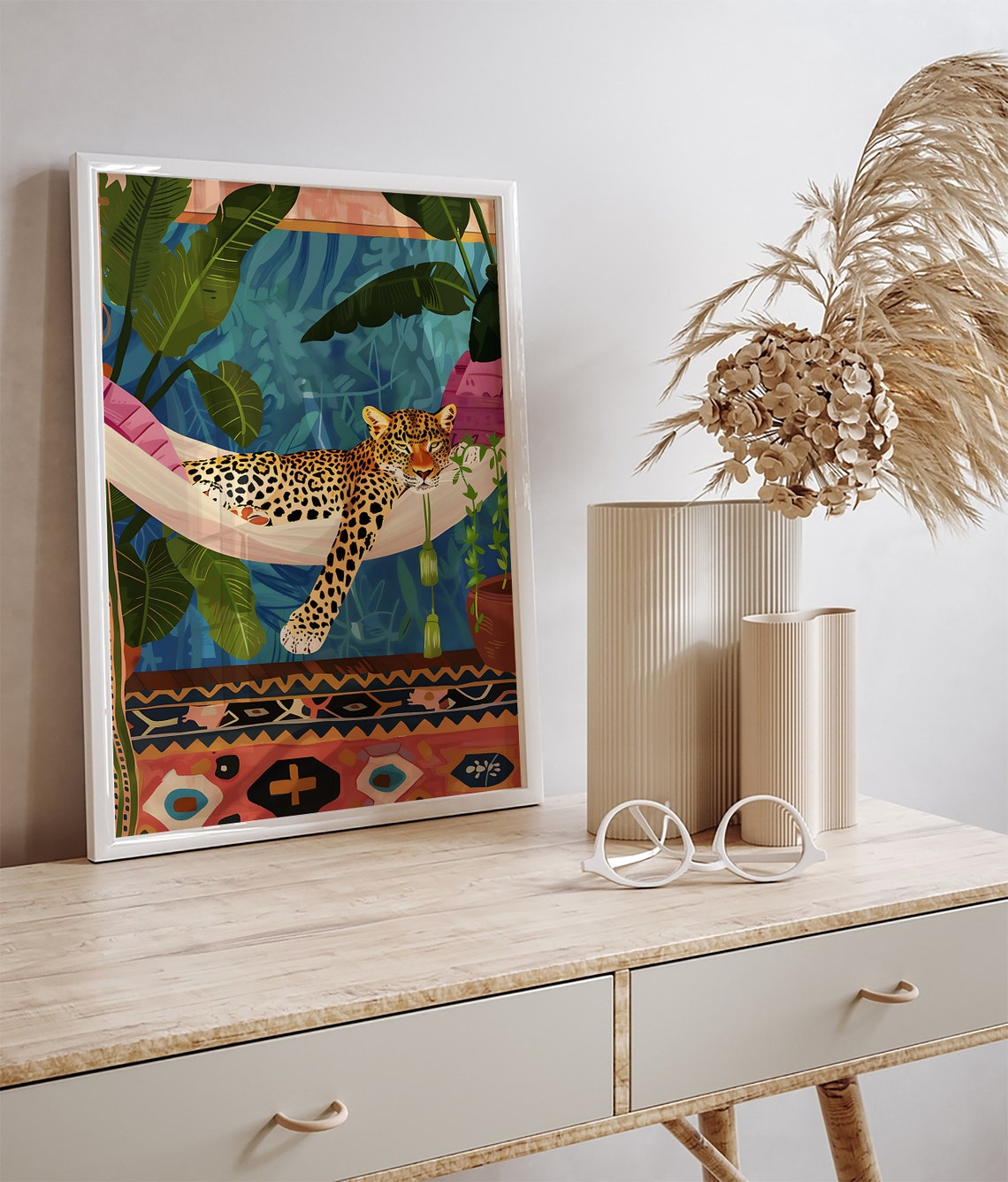 Lazy Leopard Lounging Hammock Tropical Leaves Maximalist Decor Poster - Image 3