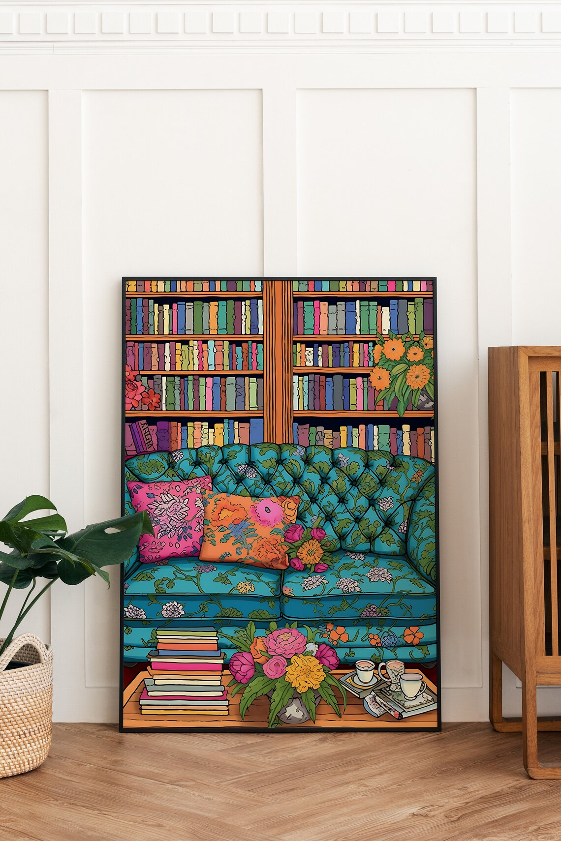 Tufted Blue Floral Sofa In A Cozy Library With Books And Afternoon Tea Poster - Image 3