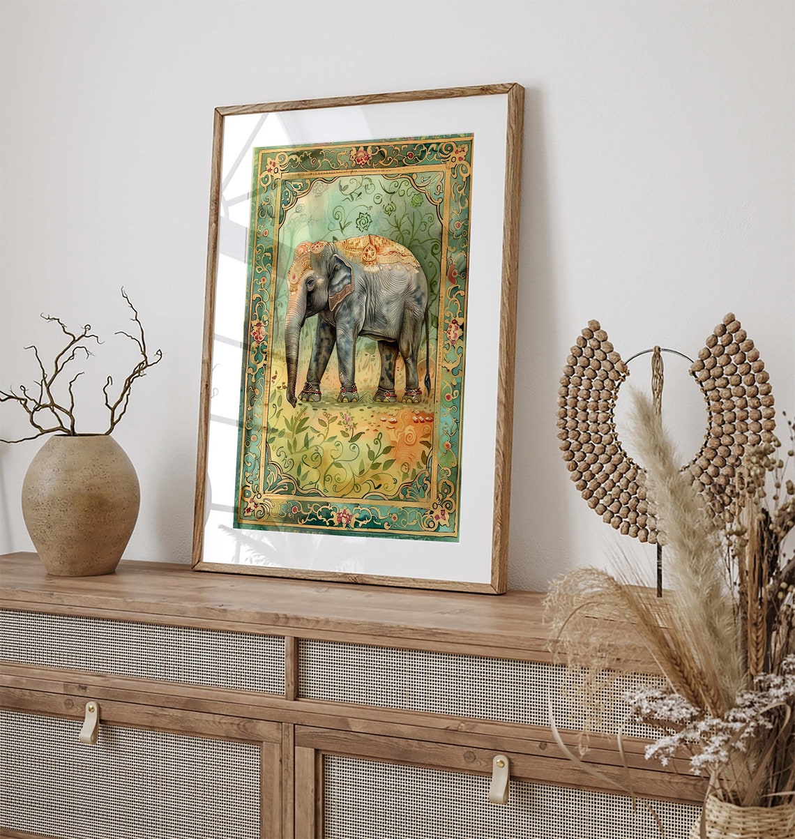 Decorated Indian Elephant Ornate Teal Gold Miniature Style Border Poster - Image 2