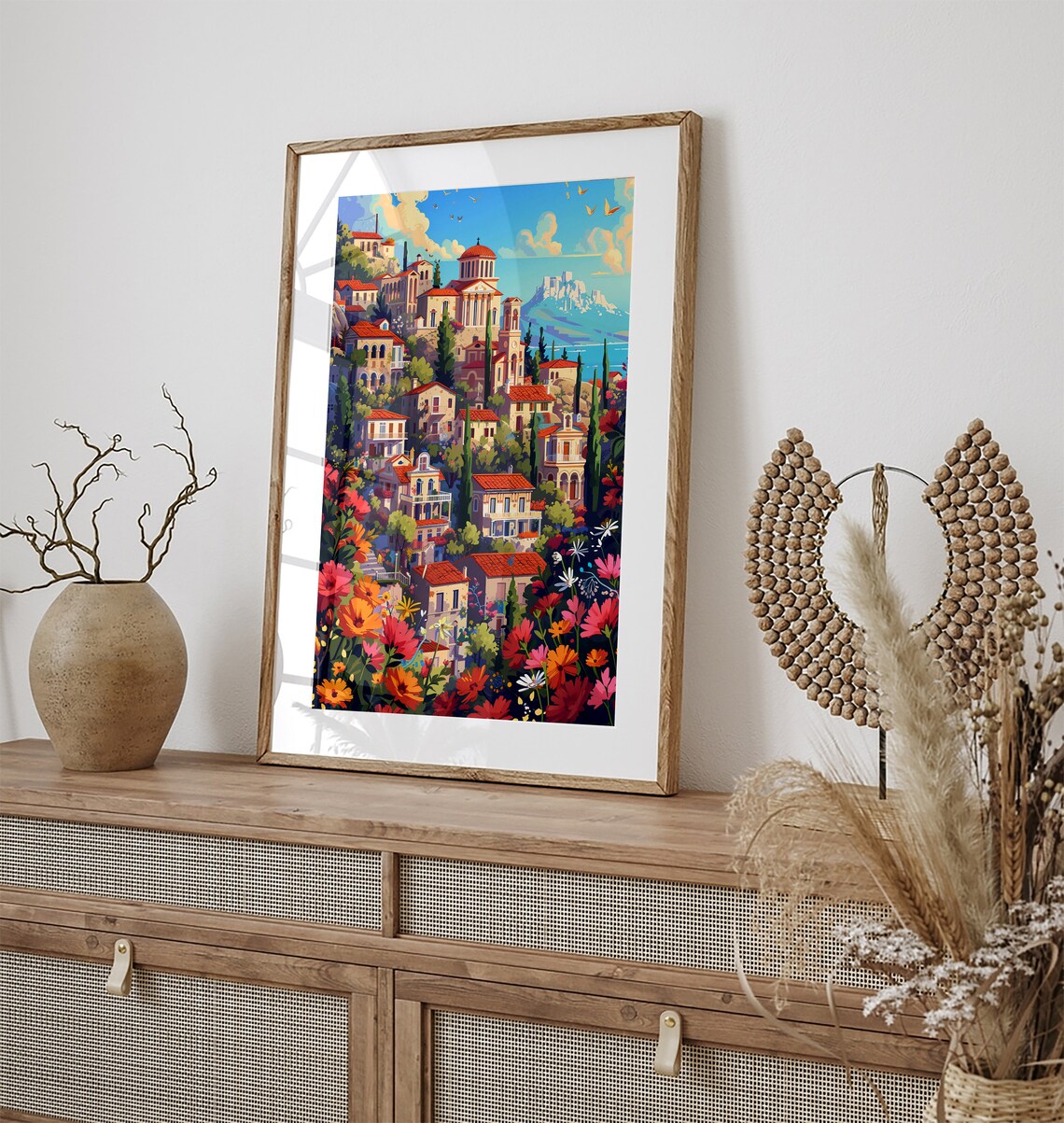 Santorini Greek Island Hillside Town Colorful Retro Travel Poster - Image 3