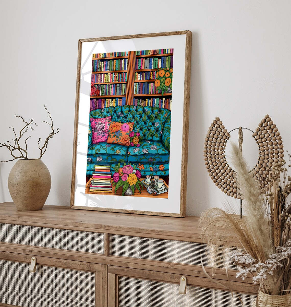 Tufted Blue Floral Sofa In A Cozy Library With Books And Afternoon Tea Poster - Image 2