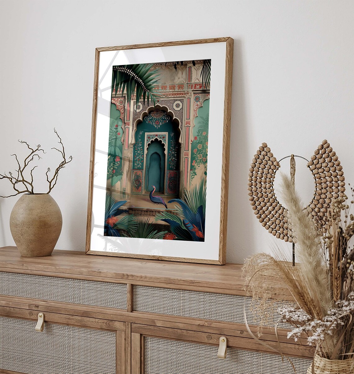 Indian Palace Teal Doorway Peacock Palms Vintage Travel Art Poster - Image 3