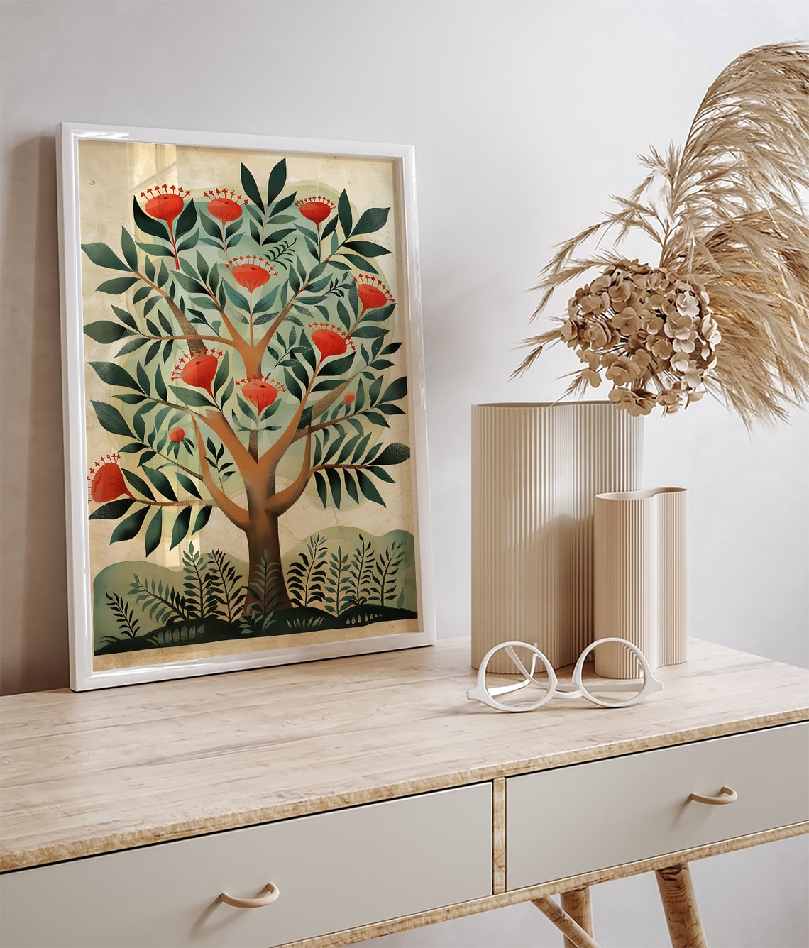 Vintage Flowering Tree Red Blossoms Indian Folk Style Nature Poster - Image 3