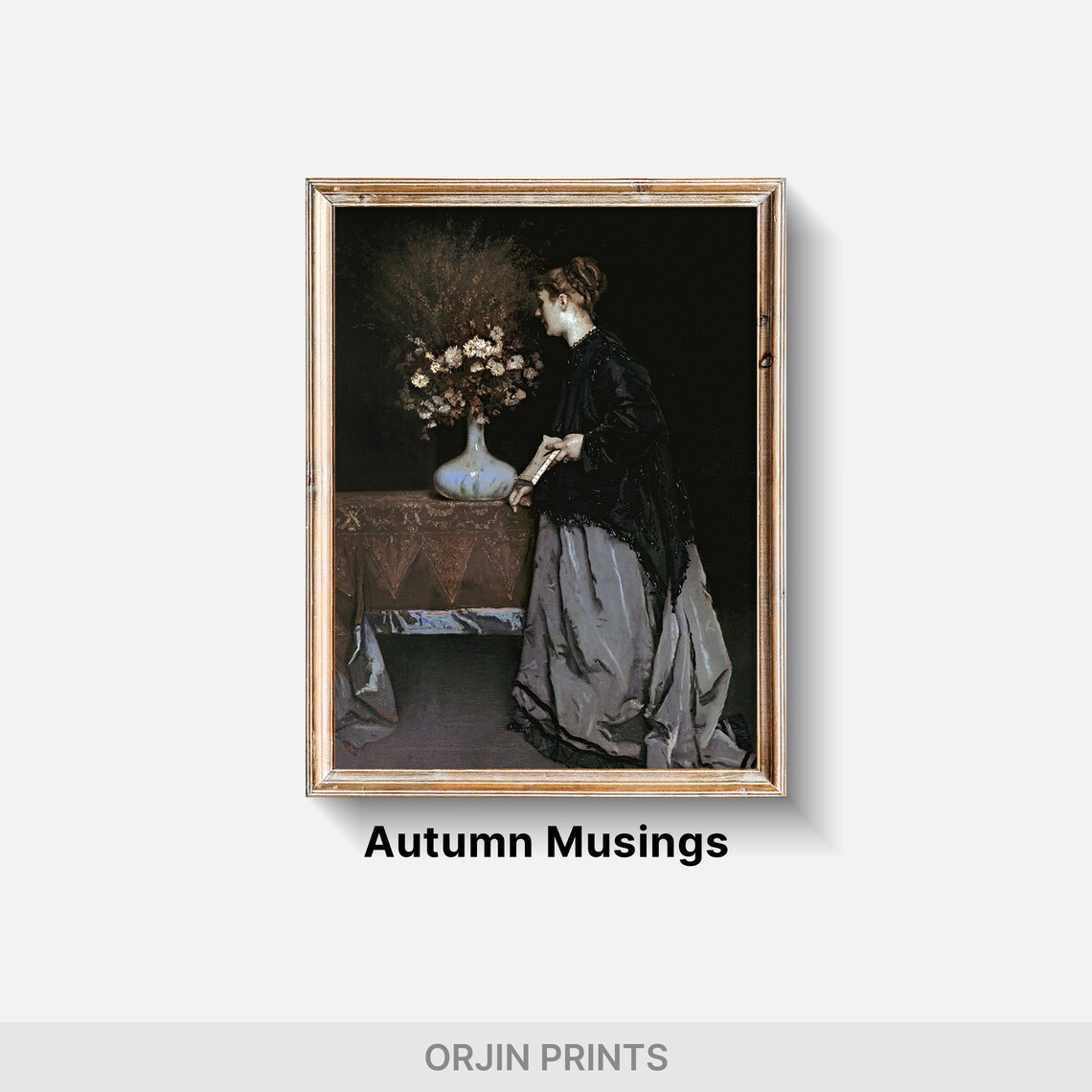 Elegant Woman Beside Flower Table Dark Interior Oil Painting Poster - Image 2