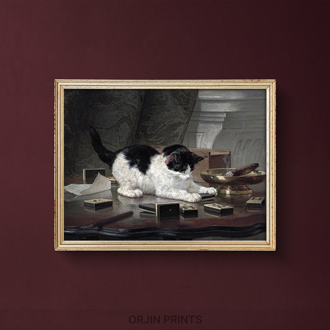 Vintage Cat Playing Dominoes Classic Oil Painting Style Wall Art