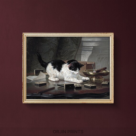 Vintage Cat Playing Dominoes Classic Oil Painting Style Wall Art