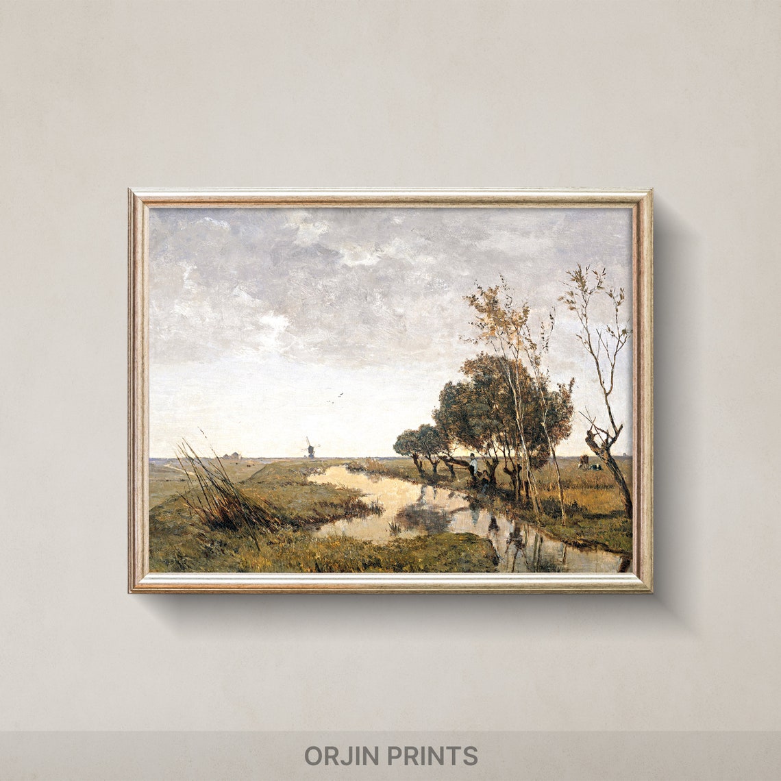Rural Stream Landscape Trees Windmill Vintage Painting Style Poster