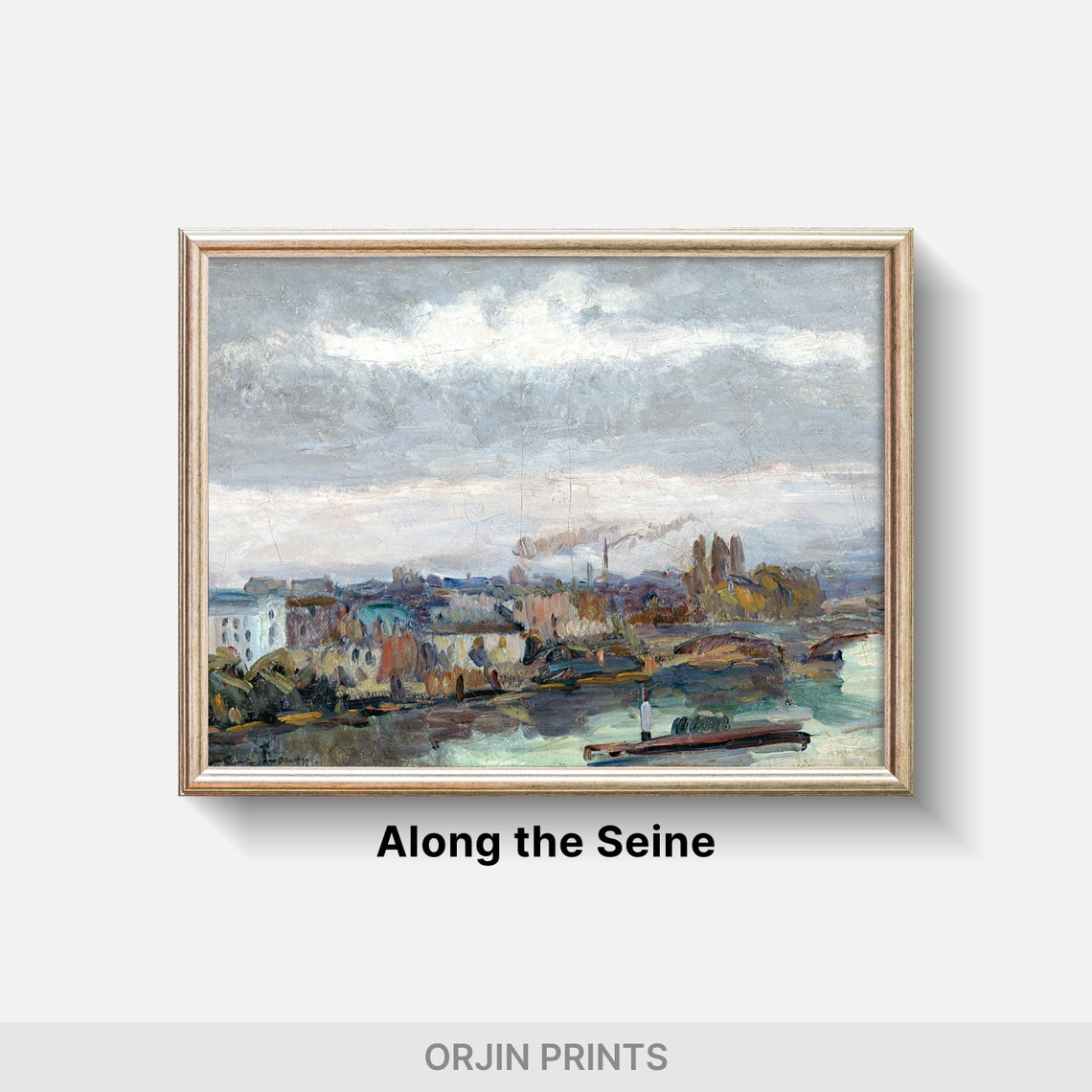 Impressionist Riverside City Bridge Boat Cloudy Sky Art Poster - Image 2