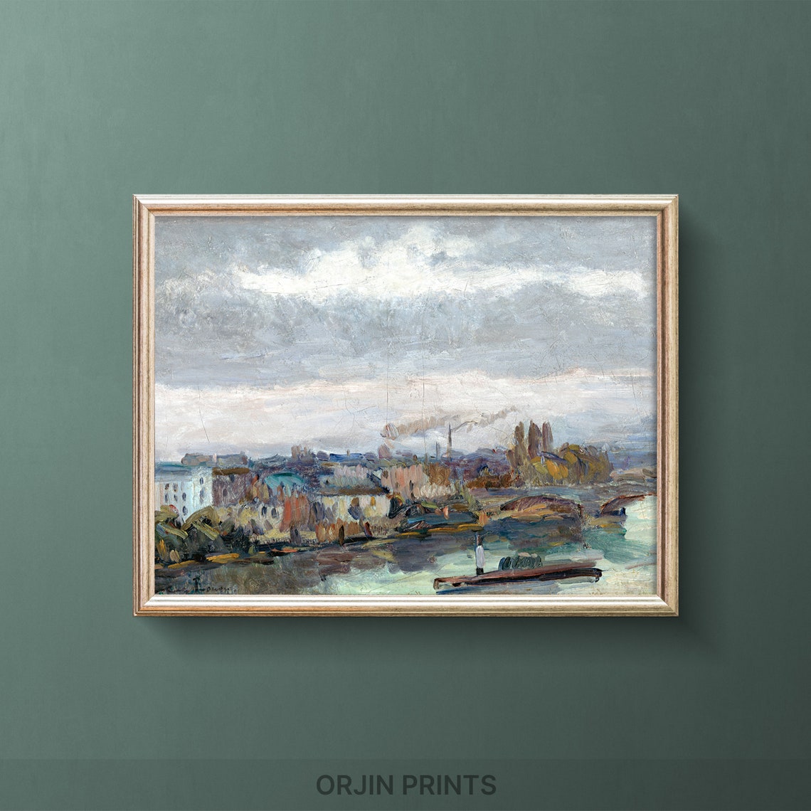 Impressionist Riverside City Bridge Boat Cloudy Sky Art Poster