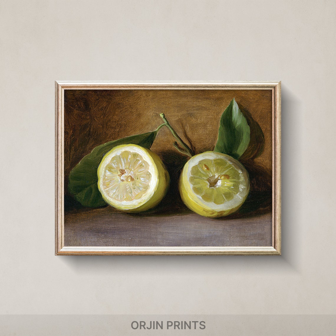 Fresh Halved Lemons Green Leaves Dark Background Oil Art Poster
