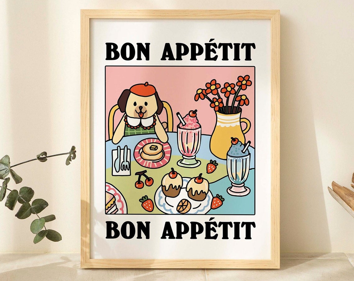 Bon Appetit Cute Dog Cafe Retro Kitchen Bistro Wall Art Print Decor