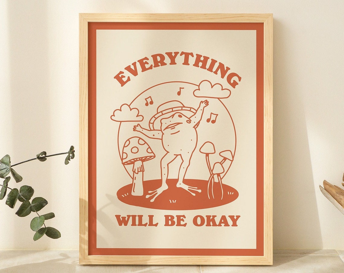 Everything Will Be Okay Dancing Frog Green Retro Affirmation Poster - Image 3