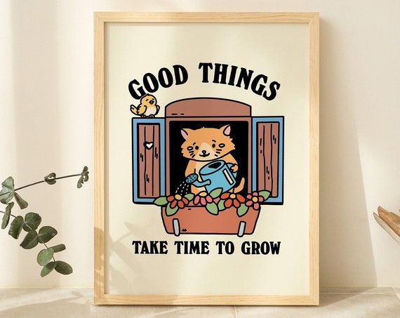 Flower Cat Wall Print Retro Spring Classroom Decor Cute Quote Poster Maximalist Positive Posters