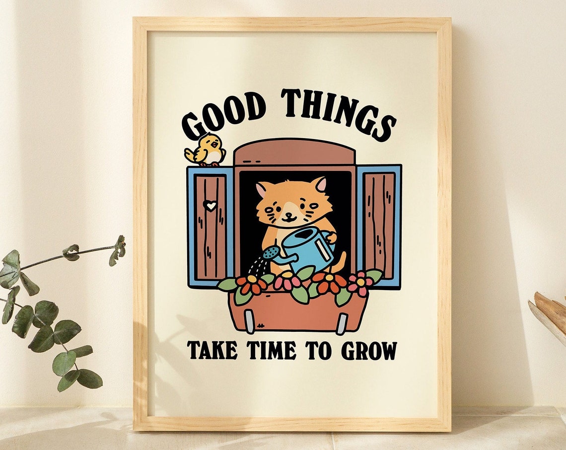 Flower Cat Wall Print Retro Spring Classroom Decor Cute Quote Poster Maximalist Positive Posters