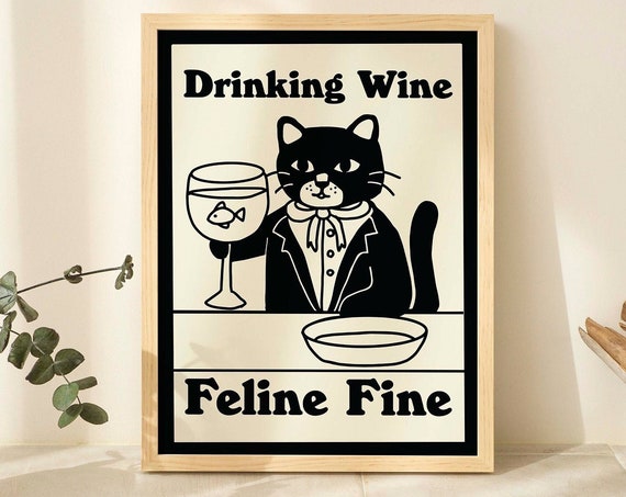 Distinguished Cat Retro Wine Poster, Kitchen Bar Decor