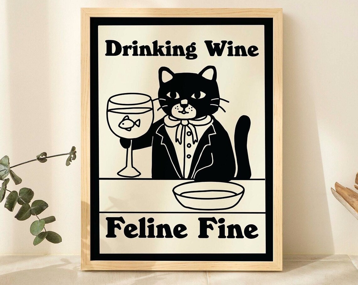 Distinguished Cat Retro Wine Poster, Kitchen Bar Decor