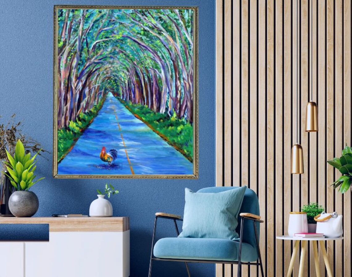 Kauai Tree Tunnel With Rooster, Hawaiian Art Print