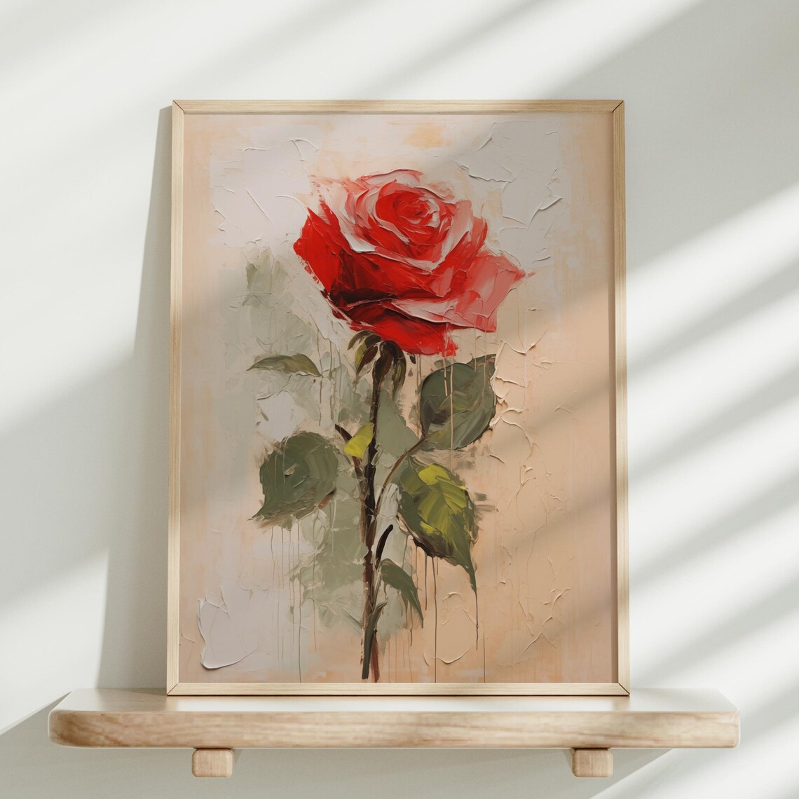 Red Rose Bloom in Bold Impasto Oil Painting Romantic Floral Poster