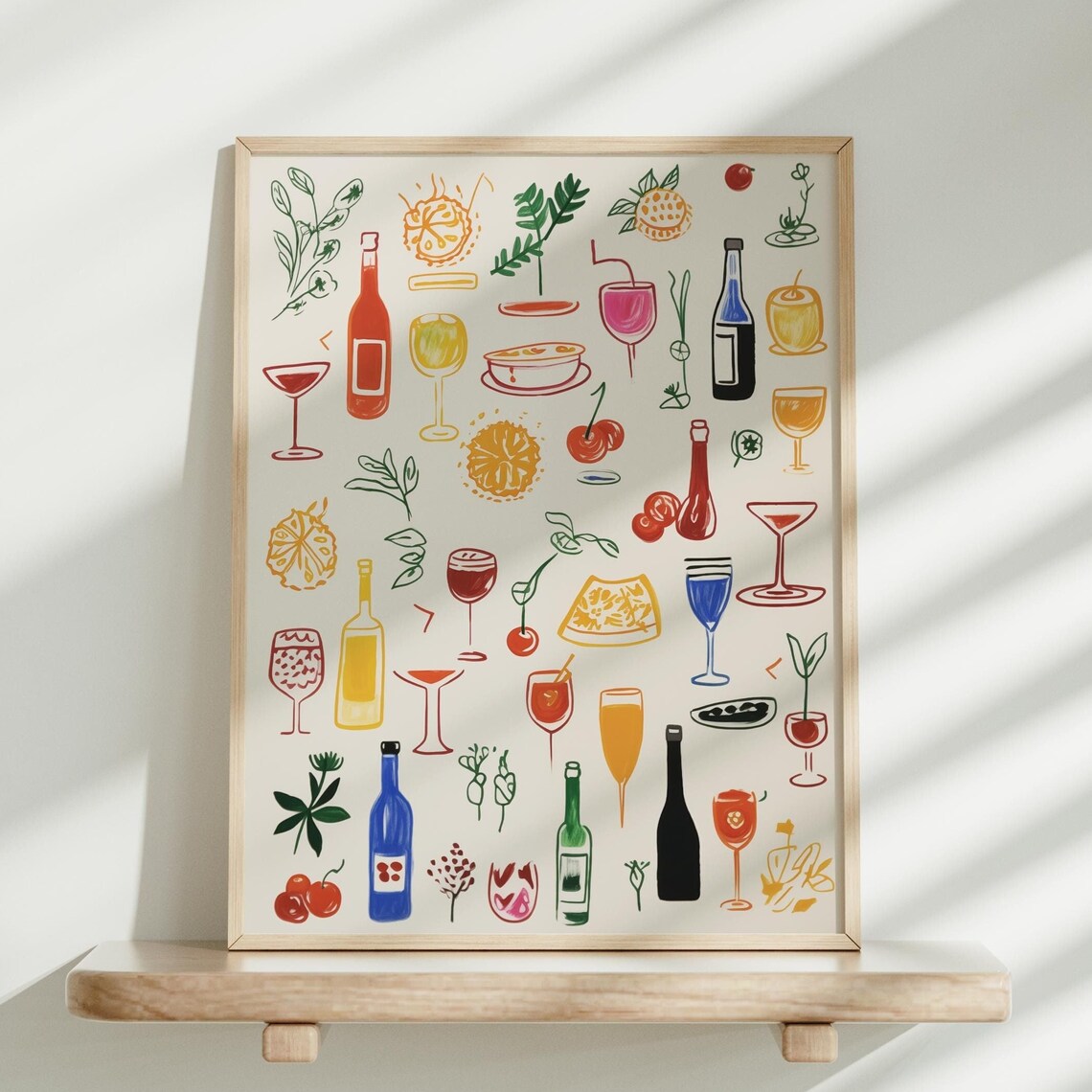 Colorful Hand-Drawn Cocktails and Bottles Fun Bar Cart Art Poster
