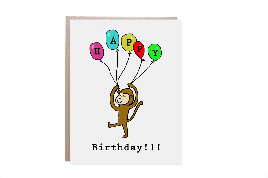 Happy Birthday Monkey Balloons Circus Fun Kids Birthday Card Print