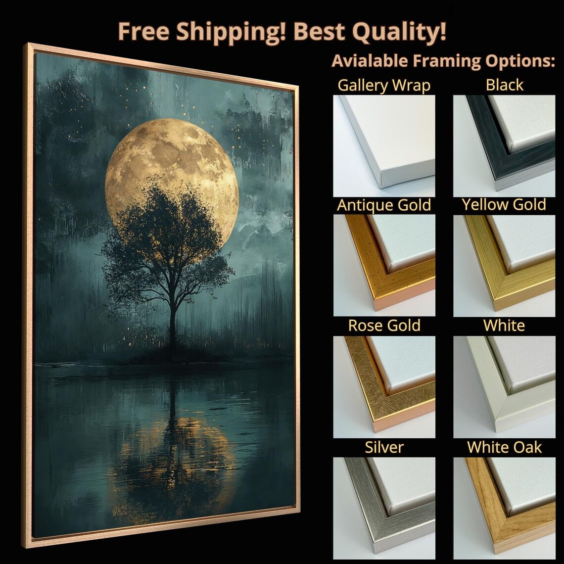 Silhouette Tree Luxury Framed Print Large Full Moon Wall Art Water Reflection Painting Print Night Scene Decor Ready To Hang - Image 5