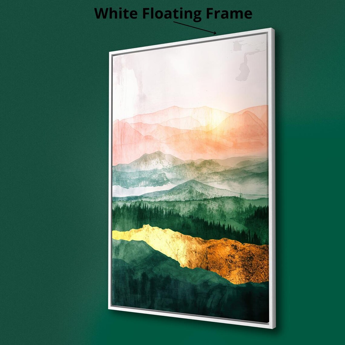 Misty Mountain Forest Layers Orange Green Gold Watercolor Poster - Image 2