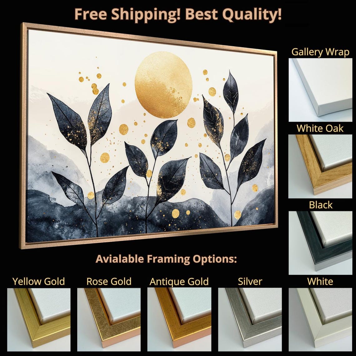 Elegant Black Stylized Leaves Gold Sun Botanical Abstract Art Print - Image 5