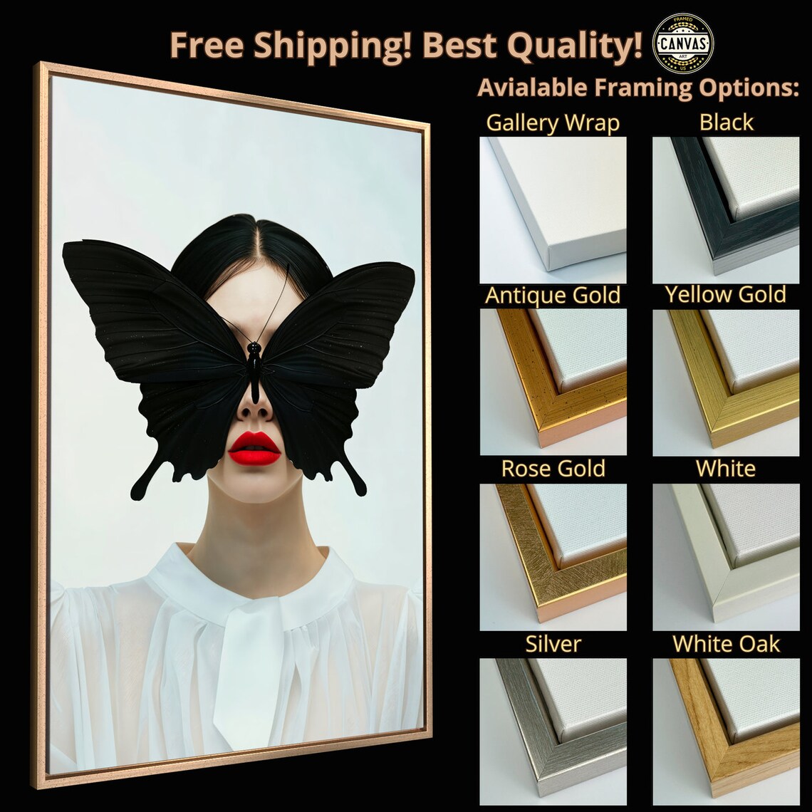 Black Butterfly Over Woman Face Surreal Red Lips Fashion Art Poster - Image 5