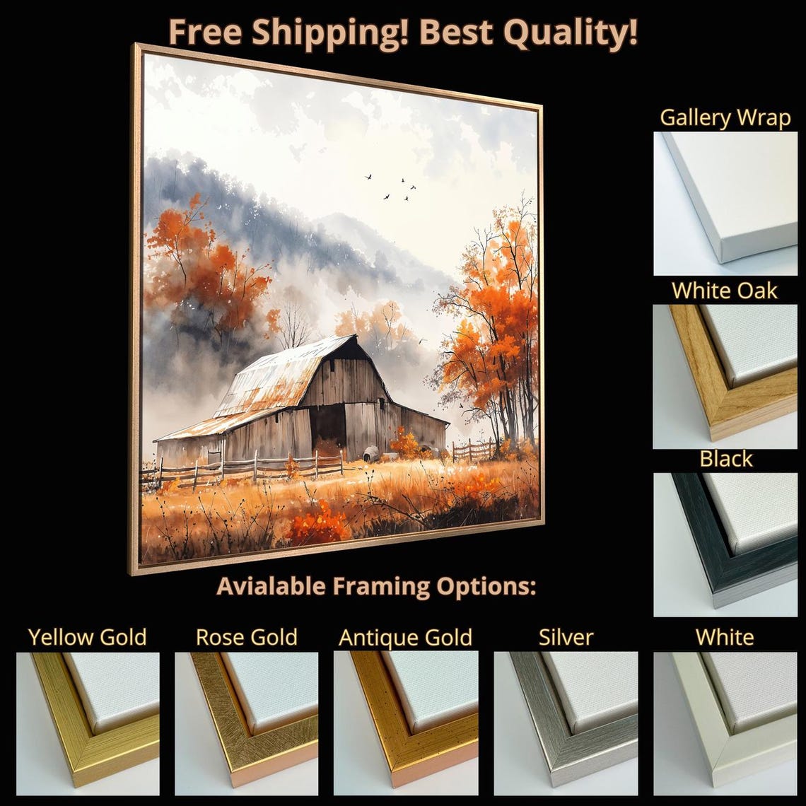 Rustic Barn Autumn Foliage Misty Mountain Landscape Painting Print - Image 5
