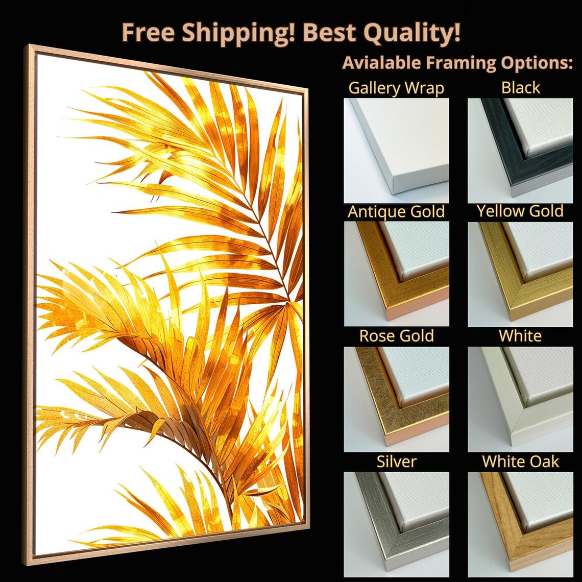 Golden Palm Fronds Luxury Tropical Foliage Botanical Wall Art Print - Image 4