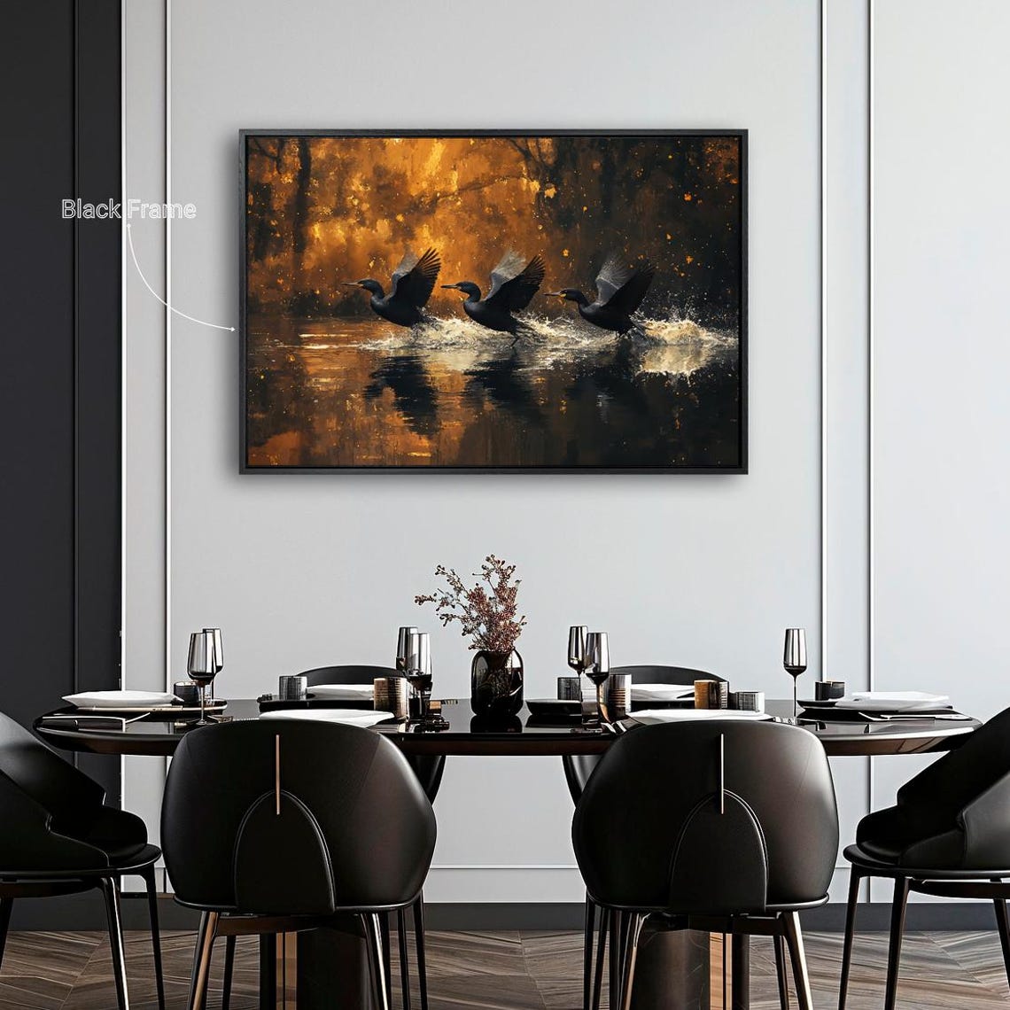 Three Black Birds Taking Flight Over Golden Water Nature Wall Poster - Image 4