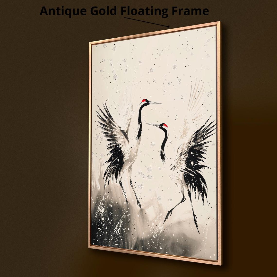 Dancing Cranes Japanese Ink Wash Black White Oriental Bird Art Poster - Image 3