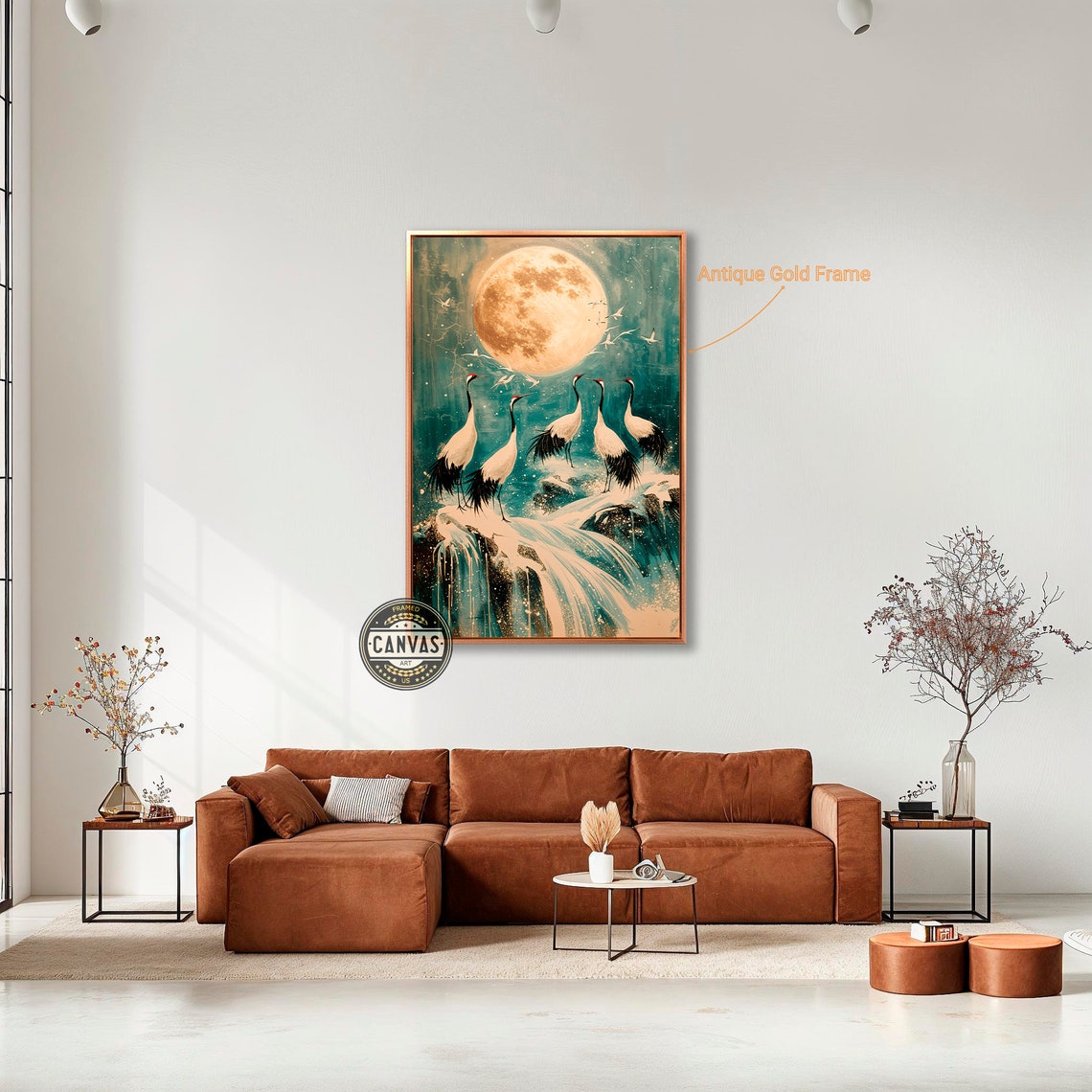 Moonlit Cranes Standing Golden Full Moon Waterfall Night Sky Poster - Image 4
