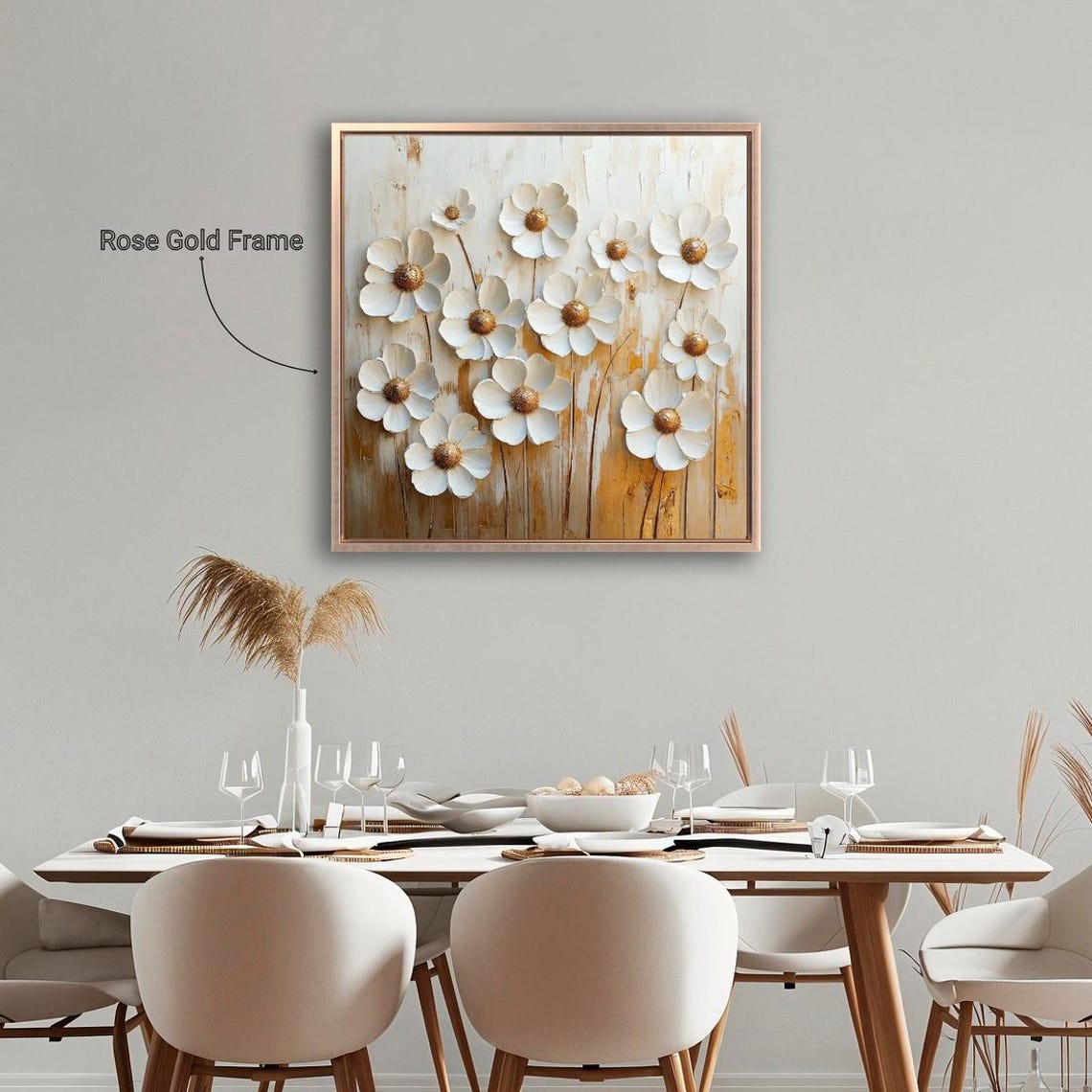 Delicate White 3D Flowers Gold Centers Textured Impasto Art Print - Image 4
