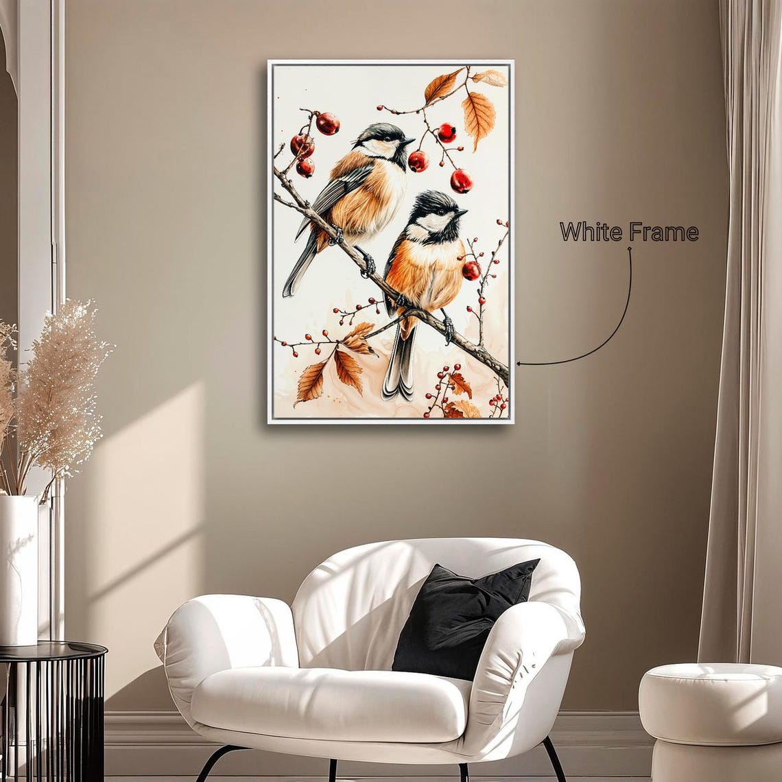 Chickadees Red Berries Autumn Leaves Watercolor Wildlife Bird Poster - Image 5