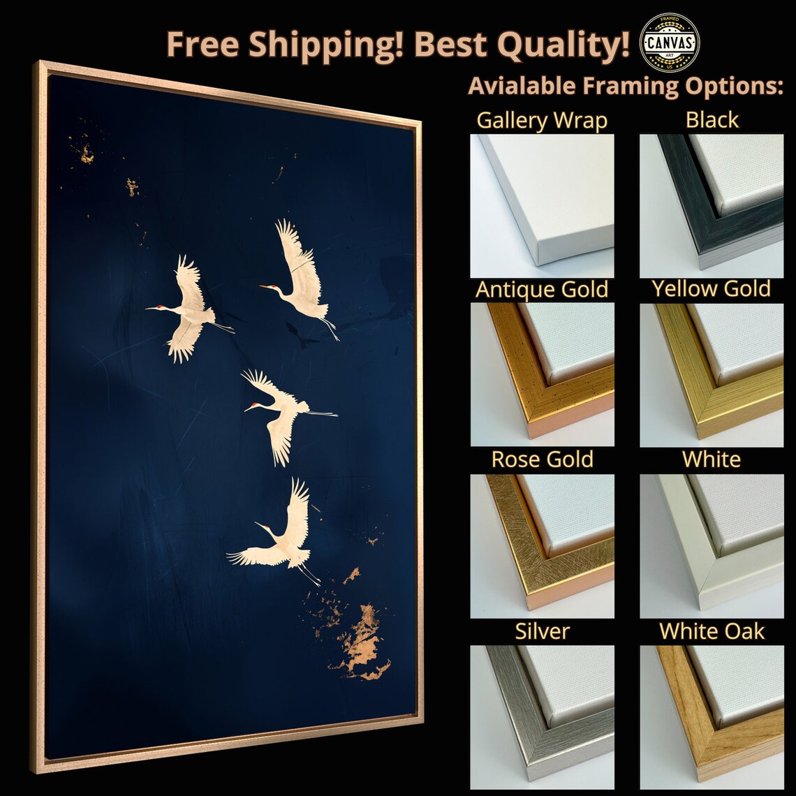 Elegant Gold Cranes Art Print, Dark Blue Background - Image 6