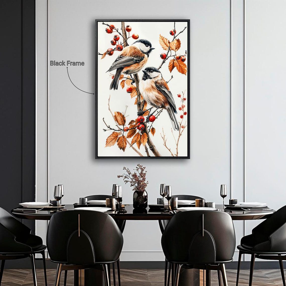 Two Black Capped Chickadees Red Berries Bird Wildlife Art Poster - Image 4