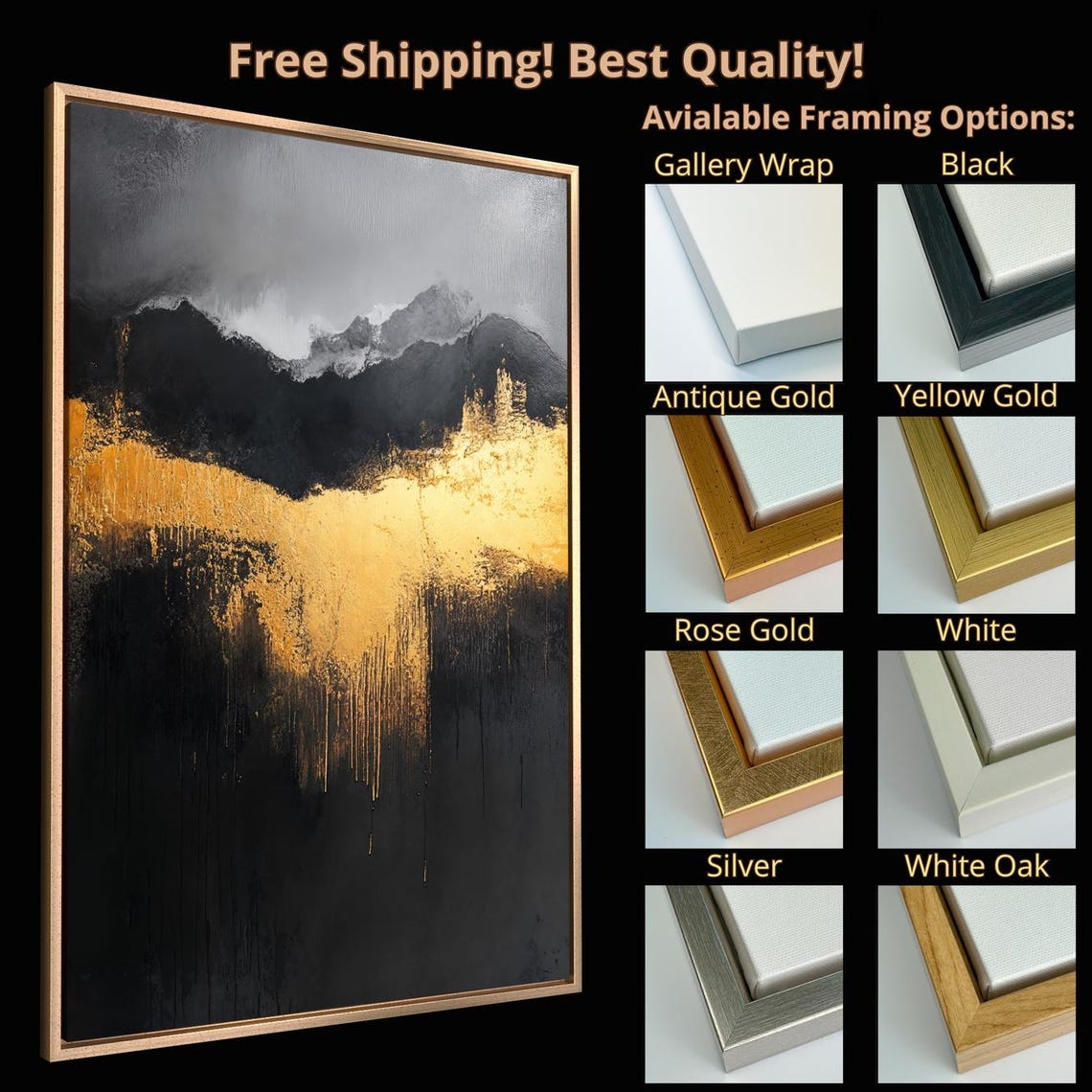 Abstract Black Gold Gray Mountain Brushstroke Modern Art Print - Image 5