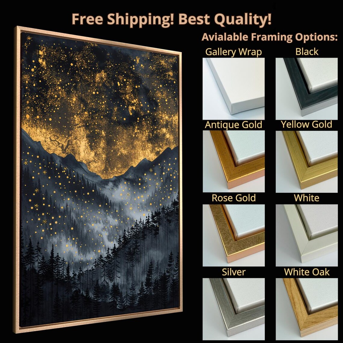 Starry Night Sky Gold Stars Dark Mountain Pine Forest Fantasy Art Poster - Image 5